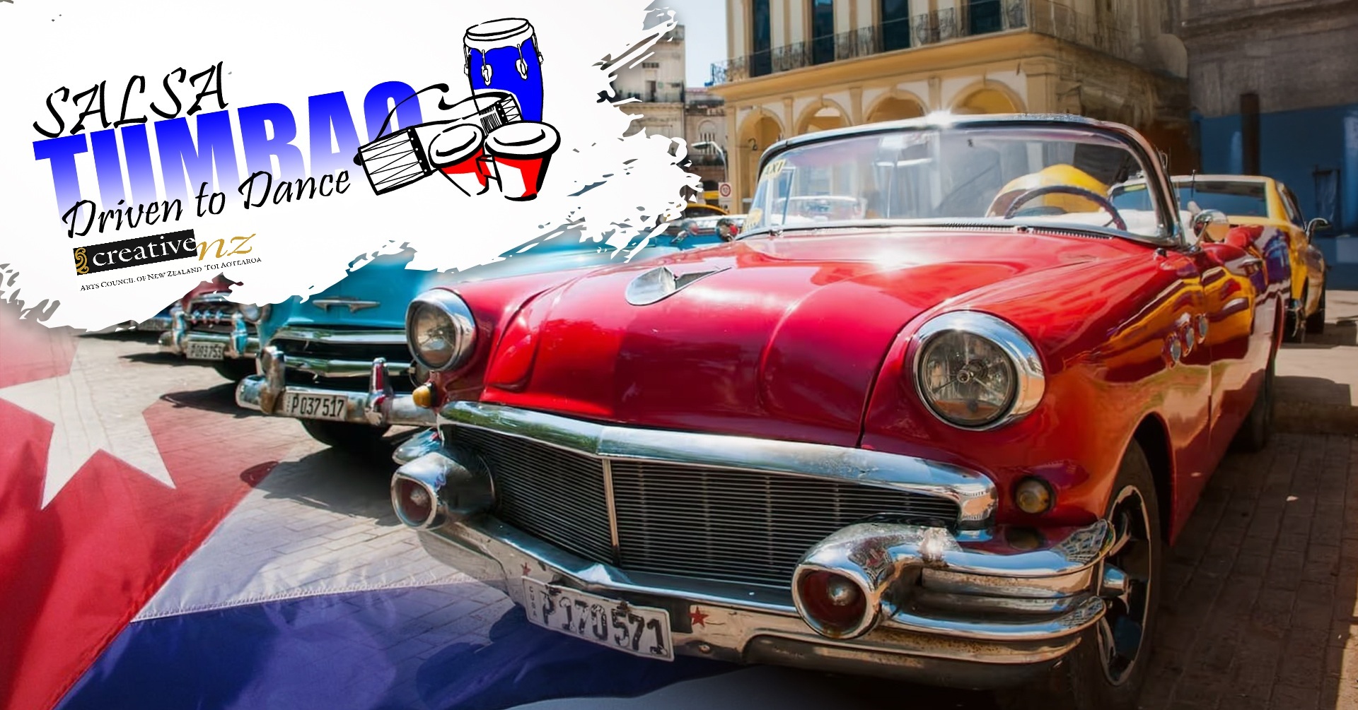 Salsa Tumbao Festival: vintage Cuban cars in Havana with the Salsa Tumbao wordmark and Creative New Zealand funding credit